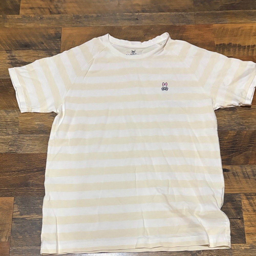 Psycho Bunny Cream & White Striped Short Sleeve Crew Tee with Bunny Logo‎